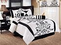 7 Pieces White with Black Floral Flocking Comforter Set Bed-in-a-bag for Queen Size Bedding