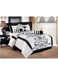 Chezmoi Collection 7-Piece White with Black Floral Flocking Comforter Set Bed-in-a-Bag for Queen Size Bedding, 90 by 92-Inch