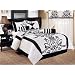 Chezmoi Collection 7 Pieces White with Black Floral Flocking Comforter (104"x92" in Inch) Set Bed-in-a-bag for King Size Bedding