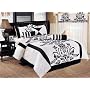 7 Pieces White with Black Floral Flocking Comforter Set Bed-in-a-bag for Queen Size Bedding