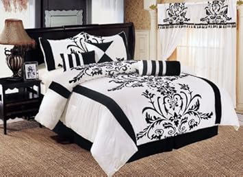 Chezmoi Collection 7-Piece White with Black Floral Flocking Comforter Set Bed-in-a-Bag for King Size Bedding, 106 by 92-Inch