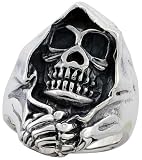 Sterling Silver Oxidized Grim Reaper Head Skull Ring, 1 3/8 (35mm) wide