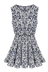 Floral Print Pleated Keyhole Vintage Sleeveless Summer Linen Elasticized   Waistline Round Neck Tunic/Mini Dress 