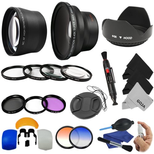 Essential Kit for CANON REBEL (T3i T3 T2i T2 T1i XTi XT XSi XS), CANON EOS (1100D 600D 550D 500D 450D 400D 350D 300D) Includes: 58mm .43x Super Wide Angle & 2.0x Telephoto High Definition Lenses + Filter Kit (UV, Polarizing, Fluorescent) + Macro Close Up Set + Tulip Flower Lens Hood + Center Pinch Lens Cap + 2 Graduated Color Filters (Orange, Blue) + Flash Diffuser Set + Deluxe Cleaning Kit + Lens Cleaning Pen + 3 Premium Goja Microfiber Cleaning Cloths