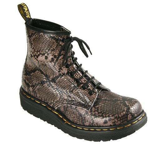 Dr. Martens Womens Agadir Brown / Caffee Snakeskin 8 Eyelet Boots, Black Sole