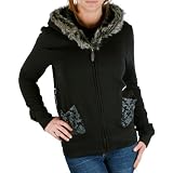 SULLEN Viper Angel Zip Front Faux Fur Trim Womens Hooded Hoodie Sweatshirt