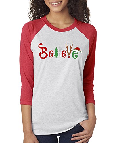 Christmas Shirt Believe Santa Claus Reindeer Womens 3/4 Raglan Sleeve T-Shirt Top