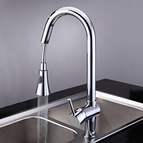 Ouku® Deck Mount Centerset Chrome Finish Single Handle Pull Out Kitchen Sink Faucet Basin Mixer Taps with Pull Down Sprayer Unique Designer Ceramic Valve Included Plumbing Fixtures