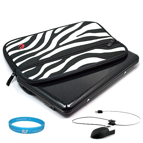 Black Zebra Design Neoprene Protective Sleeve Cover Carrying Case with Exterior Accessory Pocket for any 10.1 inch Laptop, Netbook, or Portable DVD Player + Naztech USB Mini Mouse with Retractable Cord for Laptop and Desktop + SumacLife TM Wisdom Courage