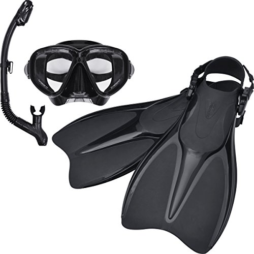 FIELDOOR ダイビングマスク・ドライスノーケル・ストラップフィン 3点セット ブラック (Lサイズ/男女兼用、強化ガラス、シリコン採用)