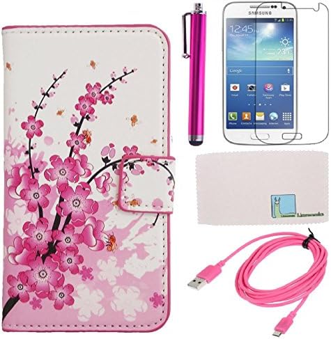 Llamamia Flower Floral PU Leather Folio Stand Wallet Case Cover Protector for Samsung Galaxy SIV Mini S4 Mini I9190 / I9192 / I9195 / I9198 + 3 Feet Cable + Stylus + Screen Protector + Cleaning Cloth in Retail Packaging