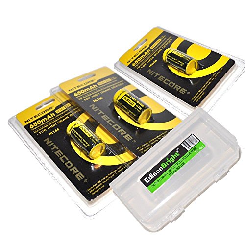 3 Pack Nitecore NL166 RCR123A 3.7V 650mA 2.4Wh 650mAh Protected Li-ion Rechargeable Batteries with EdisonBright battery carry case 3 Pack Nitecore NL166 RCR123A 3.7V 650mA 2.4Wh 650mAh Protected Li-ion Rechargeable Batteries with EdisonBright battery carry case