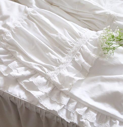 Trend Rug 100% Cotton Deluxe Home Textile 3pcs Bed Sets White Lace Ruffled Duvet Cover Bedding Set Super Cozy Snow White Bedding Set (Twin)