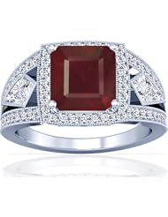 18K White Gold Emerald Cut Ruby Ring With Sidestones
