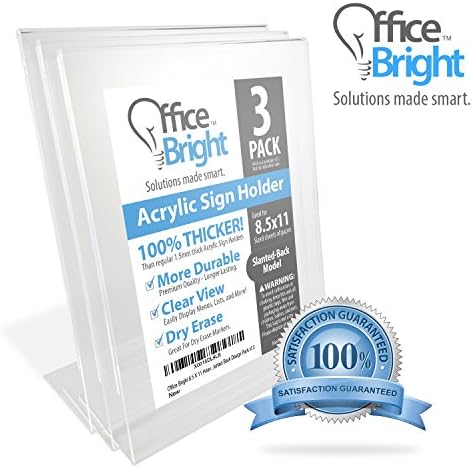 Office Bright 8.5 X 11 Acrylic Sign Holder - Premium Heavy Duty 100% Thicker - Clear View Slanted Back Design - Pack of 3