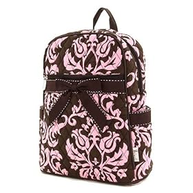 Large Quilted Damask Print Backpack - Pink/Brown (12x15x5.5)