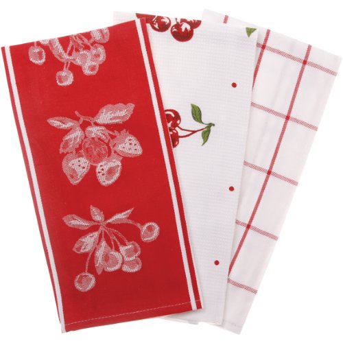 Gourmet Classics Red Kitchen Towels with Cherries Design, Set of 3