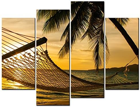 Canval prit painting 4 Panel Wall Art Golden A Big Hammock And A Coconut Tree Near The Sea Under Sunset Picture On Canvas Stretched By Wooden frames For Living Room Decor Or As A Gift