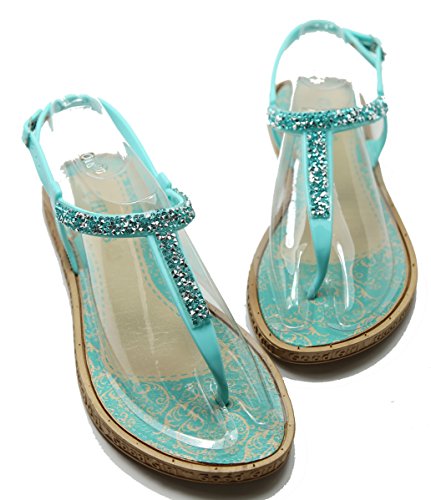 Walstar Women's Summer T-Strap Retro Jelly Rain Flat Sandals with Rhinestone