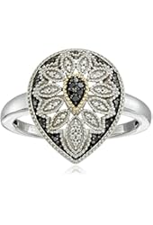 Sterling Silver and 14kt Gold Pear Shape Black or Blue Diamond Art Deco Ring