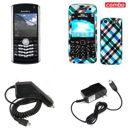 Blackberry pearl 9100 Combo Blue Plaid Protective Case Faceplate Cover + LCD Screen Protector + Rapid Car Charger + Home Wall Charger for Blackberry pearl 9100
