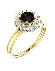 18K Yellow Gold Round Cut Black and White Diamond Flower Inspired Ring -- LIFETIME WARRANTY
