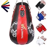 TurnerMAX Pear Shape Maize Bag, Boxing Punch Bag, Filled, FREE Chain & Mitts, Training Bag for MMA, Boxing, etc - Red/Blk