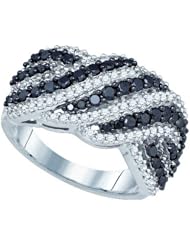 1.52 Carat (ctw) 10K White Gold Round Black & White Diamond Ladies Fashion Right Hand Band 1 1/2 CT