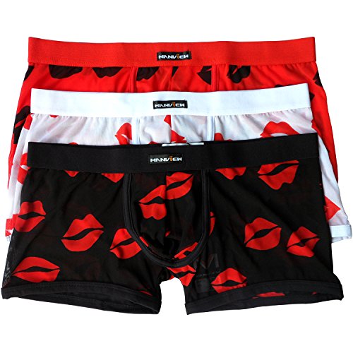iKingsky 3-Pack Men's Sexy Underwear Hot Lips Printed Mesh Panties (US Medium/ with Tag L, Boxer)