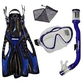 PROMATE Junior Snorkeling Scuba Diving Mask Snorkel Fins w Mesh Bag Set for kids - Blue - L XL