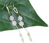 Double Rose Quartz Beads Earrings with Dangling Radiant Jade Beads Made with Lavender Cord