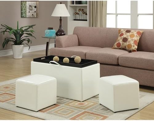 Designs4comfort Faux Leather Storage Bench with 2 Side Ottomans - White - Home Furniture - Lounge, Living or Bedroom - Benches - Built-in Hardwood Serving Tray with Cut-out Handles - Fire-retardant Foam Padding