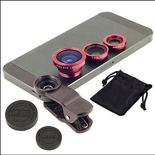 Red Universal Clip-on 180 degree 3 in 1 Fisheye+Wide Angle+Macro Camera Lens Kit for iPhone 5 5S 4 4S 6 Samsung Galaxy S5/S4/S3 Note 4/3/2 HTC Blackberry Bold Touch, Sony Xperia, Motorola Droid