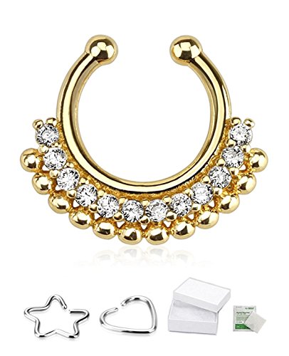 Gold IP Paved Gem Fan Non-Piercing Septum Ring Clip On Clicker Ring 502GC & FREE ITEMS
