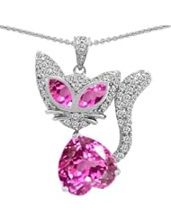 Candygem 925 Silver Kitty Cat Heart Pendant with Created Pink Sapphire