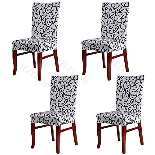 SHZONS™Super Fit Stretch Removable Washable Solid Dining Chair Slipcovers Seat Protector Covers(Pack of 4,GrayBlack)