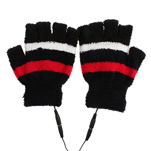 UZZOâ„¢Great Xmas Gift Soft Woolen Fingerless Gloves USB 2.0 Heated Warmer Gloves USB Fingerless Heated Gloves Mittens Computer Gloves Electric Heat Gloves +1*PCS Free Key Ring (Black)