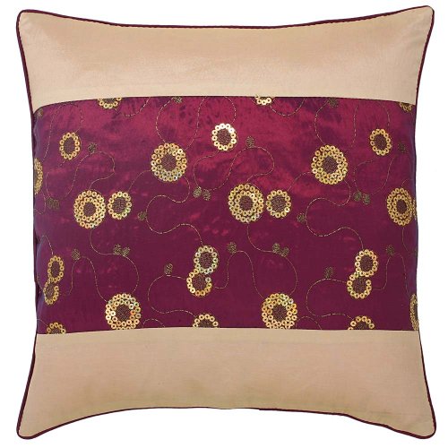 Decorative Handmade Cushion Cover Pillow Sham With Gold Floral Design- Two Tone Wine Red & Beige