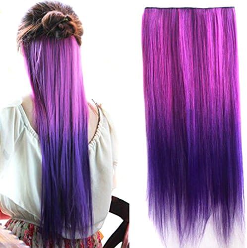 Newfangled Dip-dye Color Clip in Hair Fashionable Multicolor Gradually Varied One Piece Straight Synthetic Clip-on Hair Extension 60cm Length+1 Sticky Notes included (purple/ blue)