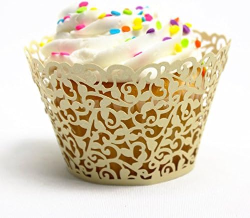 woooo® 24Pcsset Vine Filigree Cupcake Laser Cut Clouds Design Cake Paper Wrapper Muffin Wrap Surrounding Edge Birthday Party(Yellow)