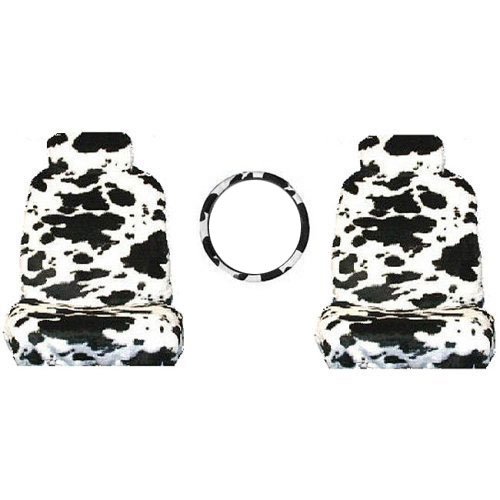 Best Price 5 Piece Safari Animal Print Automotive Interior Gift Set - 2 Low Back Bucket Seat Covers with Separate Head Rests, Universal Fit Steering Wheel Cover, and 2 Seat Belt Shoulder Pads - Cow