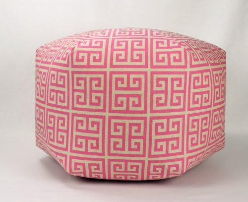 24" Floor Ottoman Pouf Pillow, Raspberry Pink and Natural Beige Greek Key