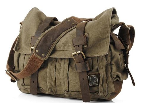 Men’s Trendy “Colonial” Italian Style Messenger Bag with Leather Straps – Army Green