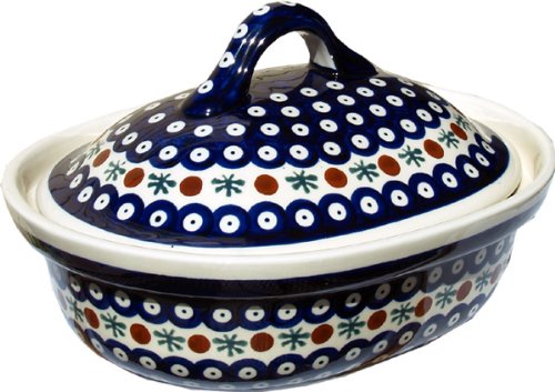 Polish Pottery Oval Casserole Dish From Zaklady Ceramiczne Boleslawiec #1156-41 Classic Pattern, Height: 5.9