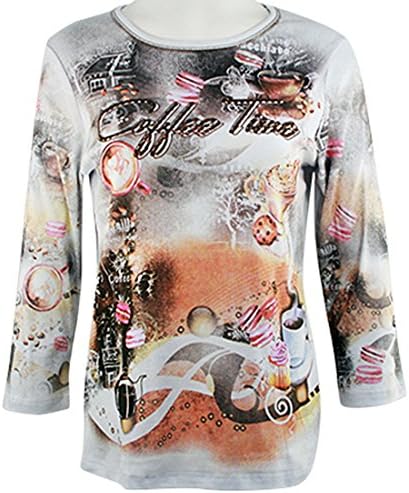 Cactus Fashion - Coffee Time, 3/4 Sleeve, Scoop Neck Rhinestone Print Cotton Top