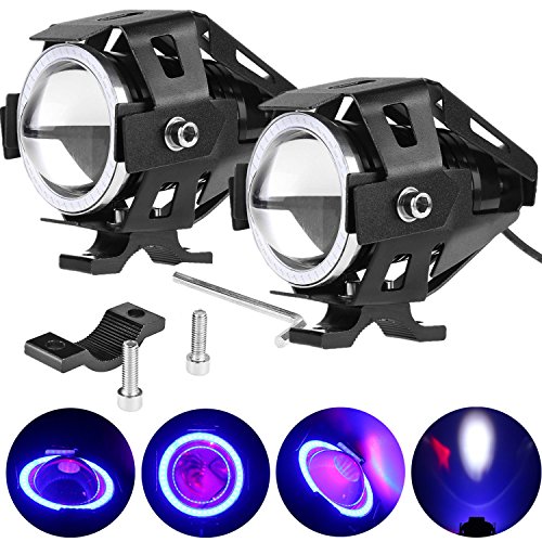 Sunsbell 2pcs 125W 3000LM CREE U7 Motorcycle LED Headlamp Waterproof High Power Spot Light Boat Trucks Car Driving Fog Lights with Blue Angel Eyes 3 Modes High-Low-Strobe