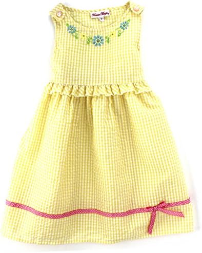Forever Magic Girls Seersucker Gingham Dress (4T, Yellow/Dk Pink Dot)