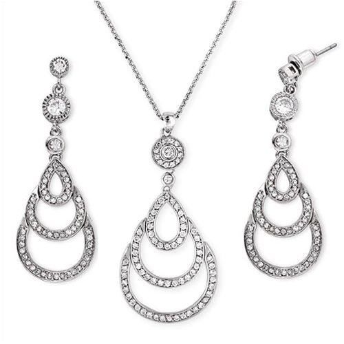 Designer Inspired CZ Rhodium Plated Teardrop Pendant Earrings Set