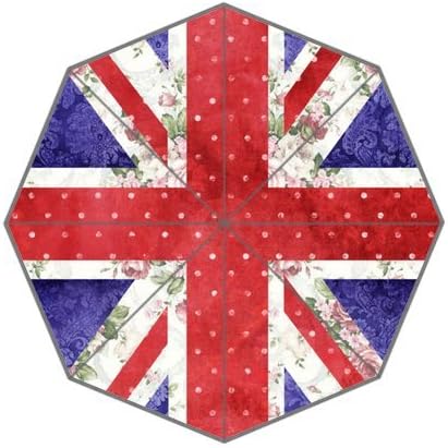 Custom Auto Foldable Umbrella with Vintage Red Polka Dots Floral UK Union Jack Flag and Blue Damask Background 3D Printed Design