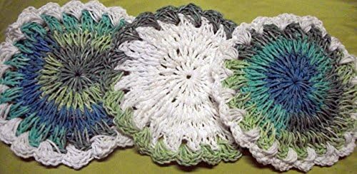 Trivets - Set of 3 - One Double Thick and Reversible, One With Green, Blue and Teal Variegated, One with Solid White and Green Variegated Trim by DRCrafts